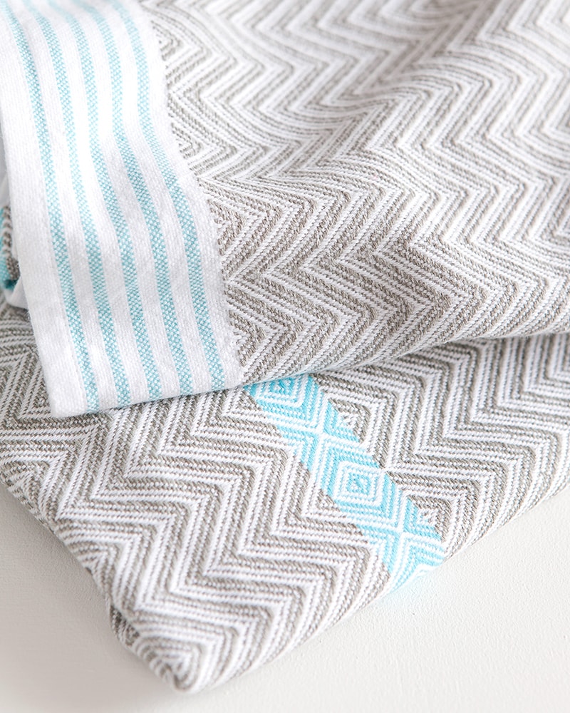 Mungo Tawulo hand towels in greay with an aqua stripe