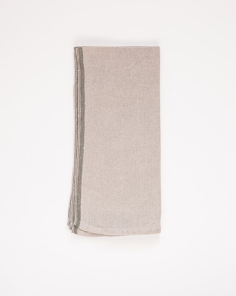 Pure linen Selvedge Serviettes with an urban olive green stripe detail, woven at the Mungo weaving Mill