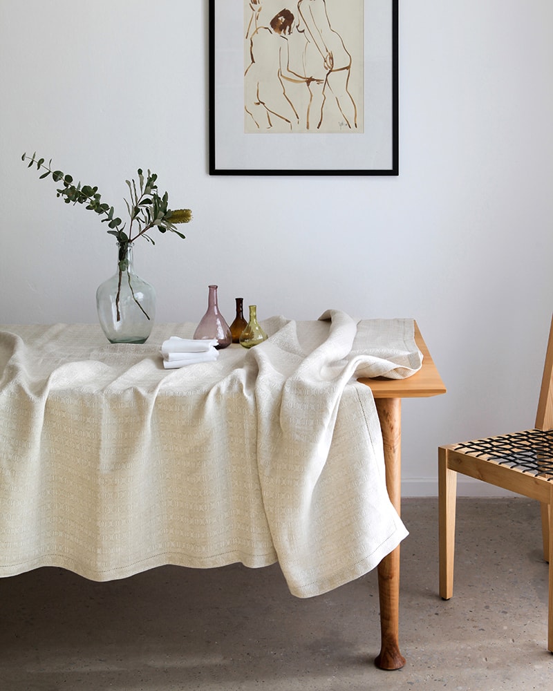 Mungo Cloverleaf Table Linen. Pure linen tablecloths & napkins with an intricate four-leaf design. Woven at the Mungo Mill in Plettenberg Bay