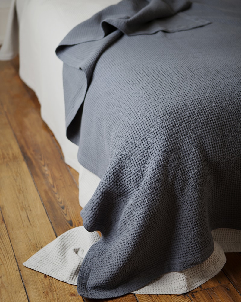 Mungo Cobble Weave Bed Cover in Slate. Pure cotton & designed, woven, made at the Mungo Mill in South Africa