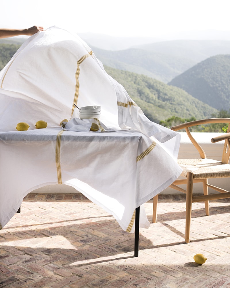 Mungo Provincial Stripe Tablecloth in Zest. Woven from linen & cotton at the Mungo Mill