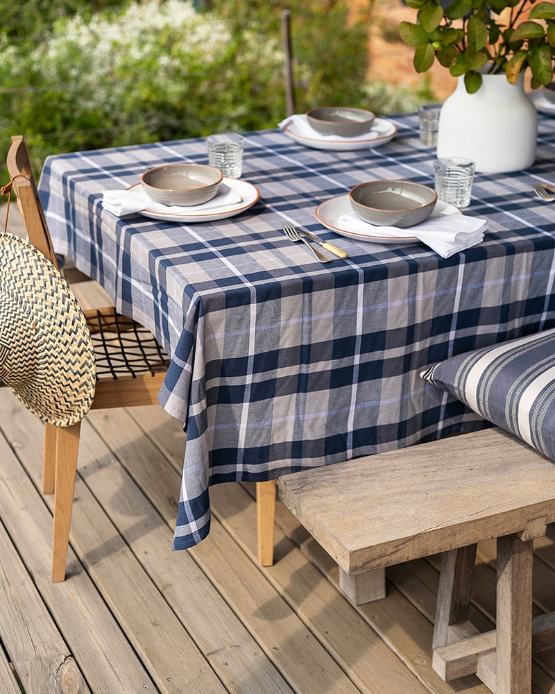 Mungo Caribbean Check Tablecloth in Coral Blue. 100% cotton table linen woven in South Africa