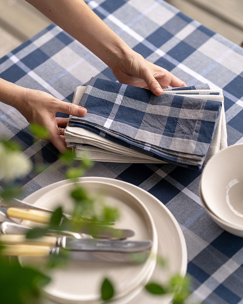Mungo Caribbean Check Napkins in Coral Blue. 100% cotton table linen