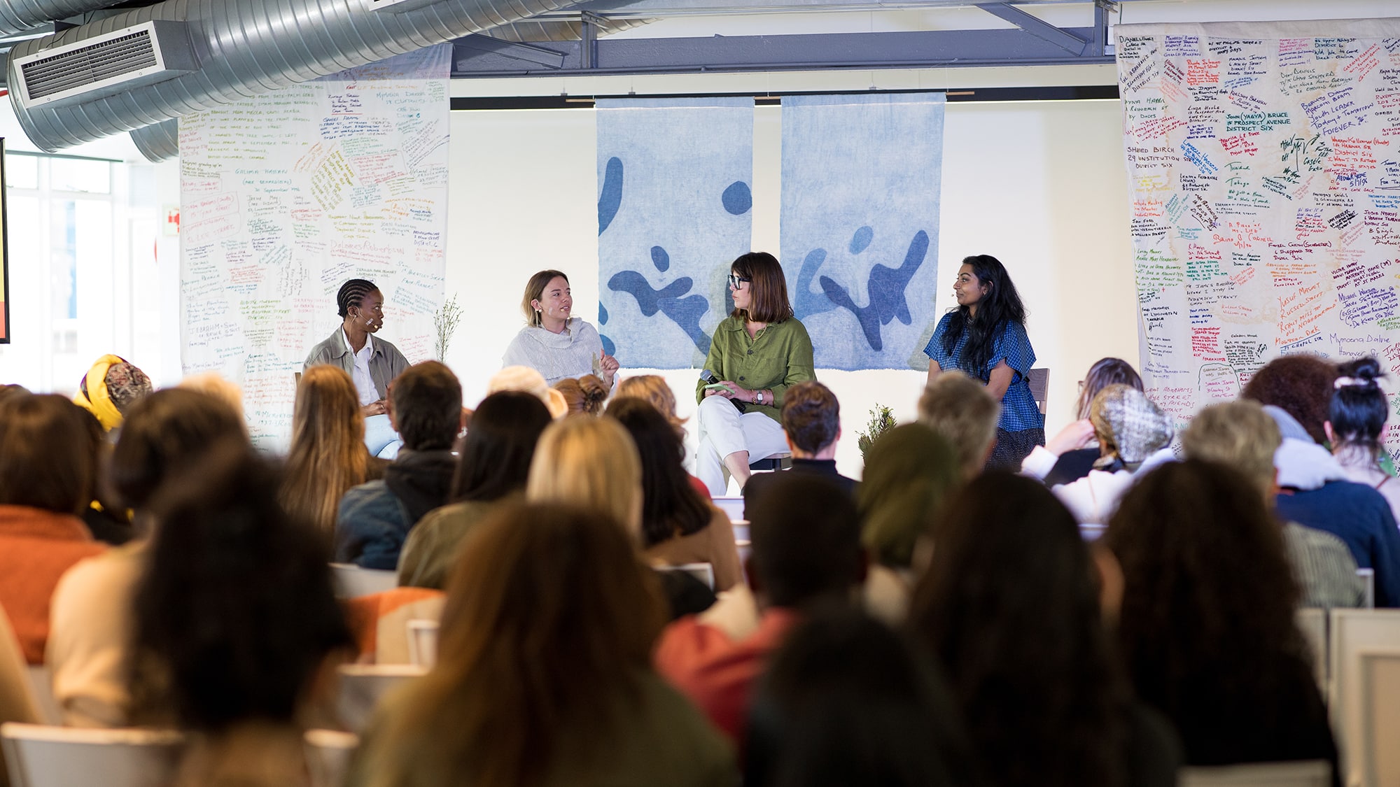 Panel discussion at the 2023 Africa Textile Talks with maker and textile artist, Tinyiko Makwakwa, Natalie Green from knitwear brand Inke and Sumendra Chetty of Merchants on Long, mediated by Bielle Bellingham