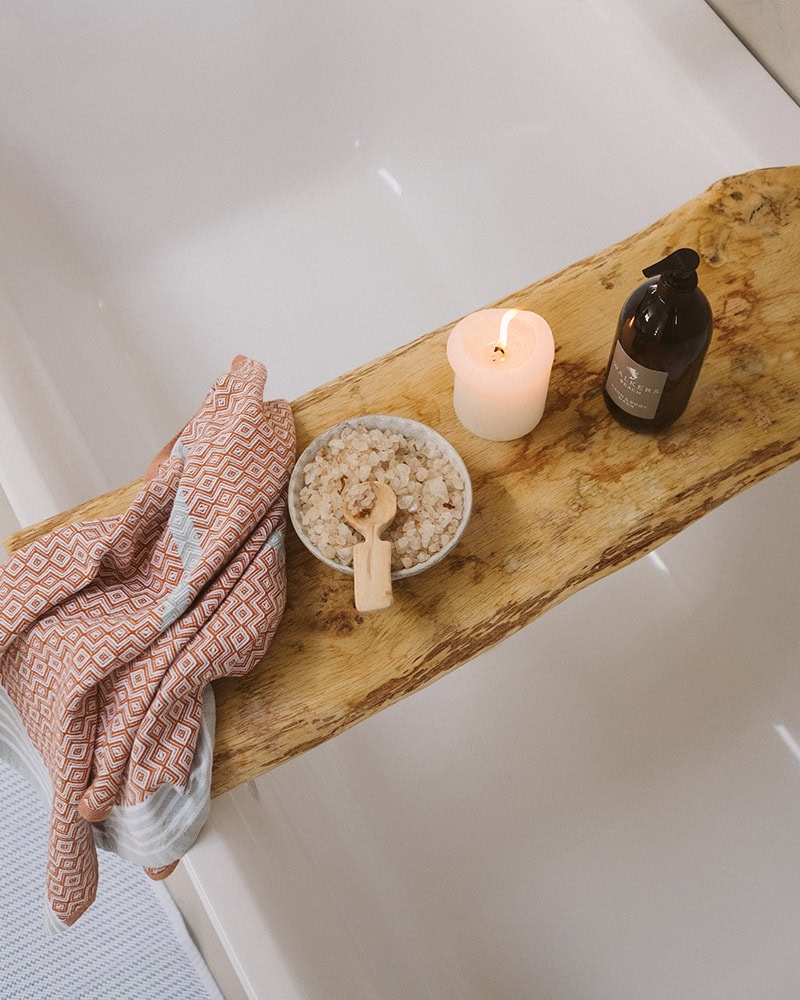 Barefoot Luxury is an organic bath caddy dressed with the Mungo Itawuli hand towel at Walkers Beach