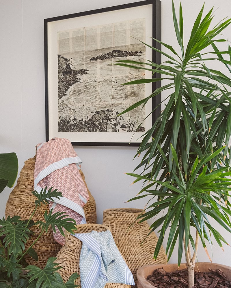 The Walkers Beach art collection featuring a mixed-media drawing from William Kentridge and the Mungo Itawuli towels