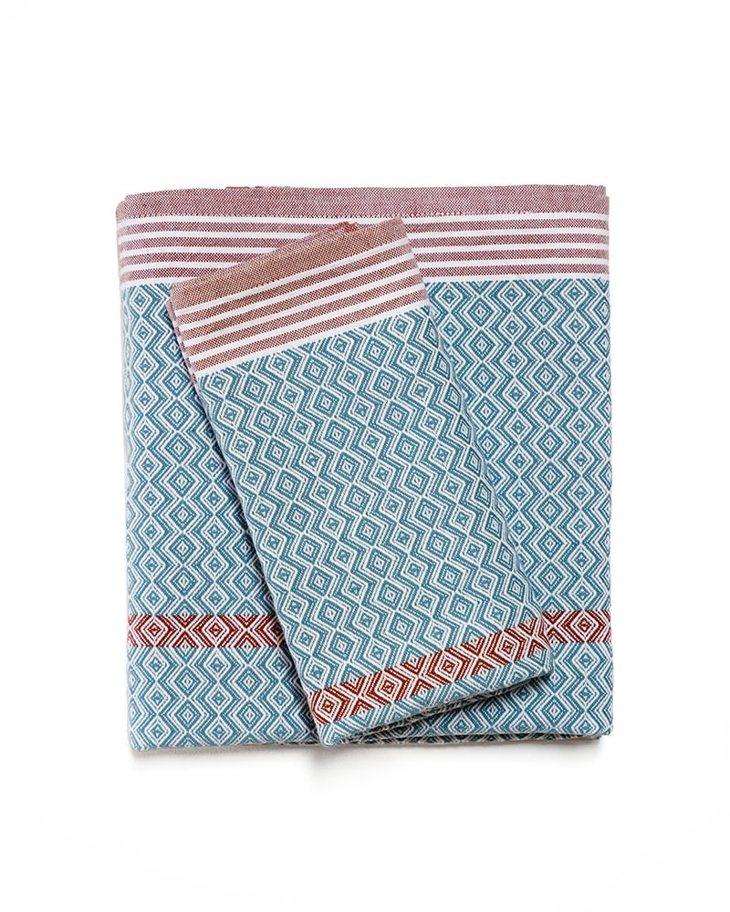 Mungo Itawuli in Dusty Teal. 100% cotton bath and beach towels. Woven at the Mungo Mill.