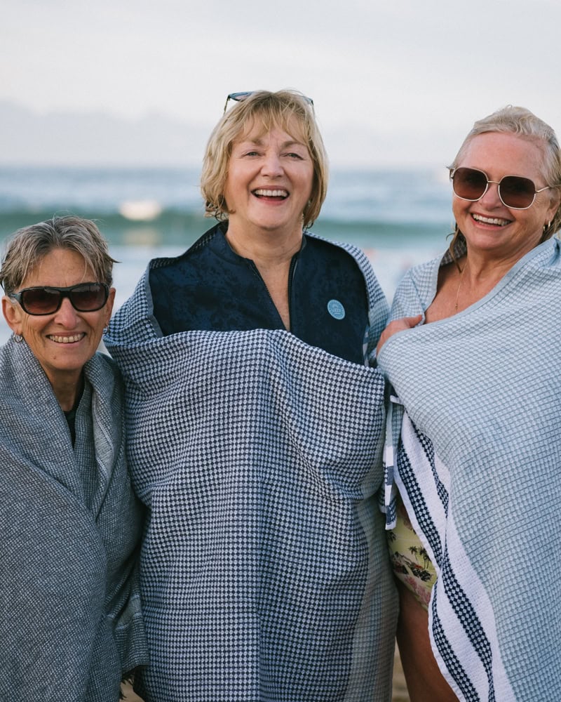 Winter Solstice Swimmers enjoying their custom woven cotton towels