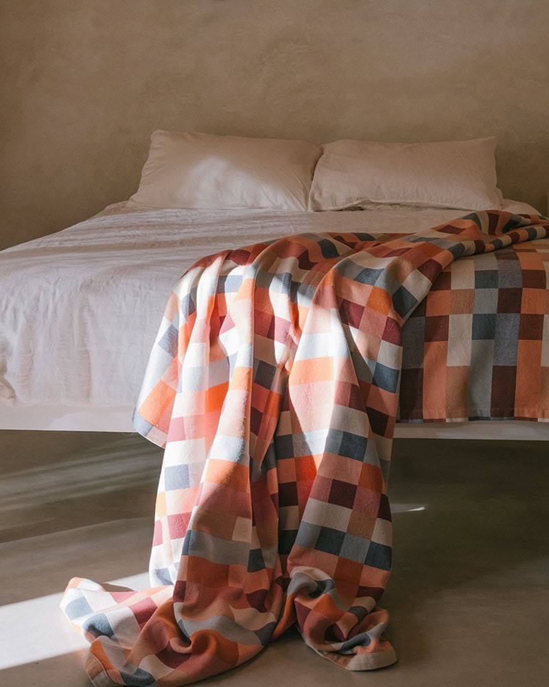 The Wild Fire Double Cloth, a rich block patterned throw woven with 100% cotton yarn.