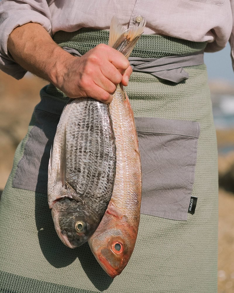 Model holding two fish and wearing the Kelp Grill Apron