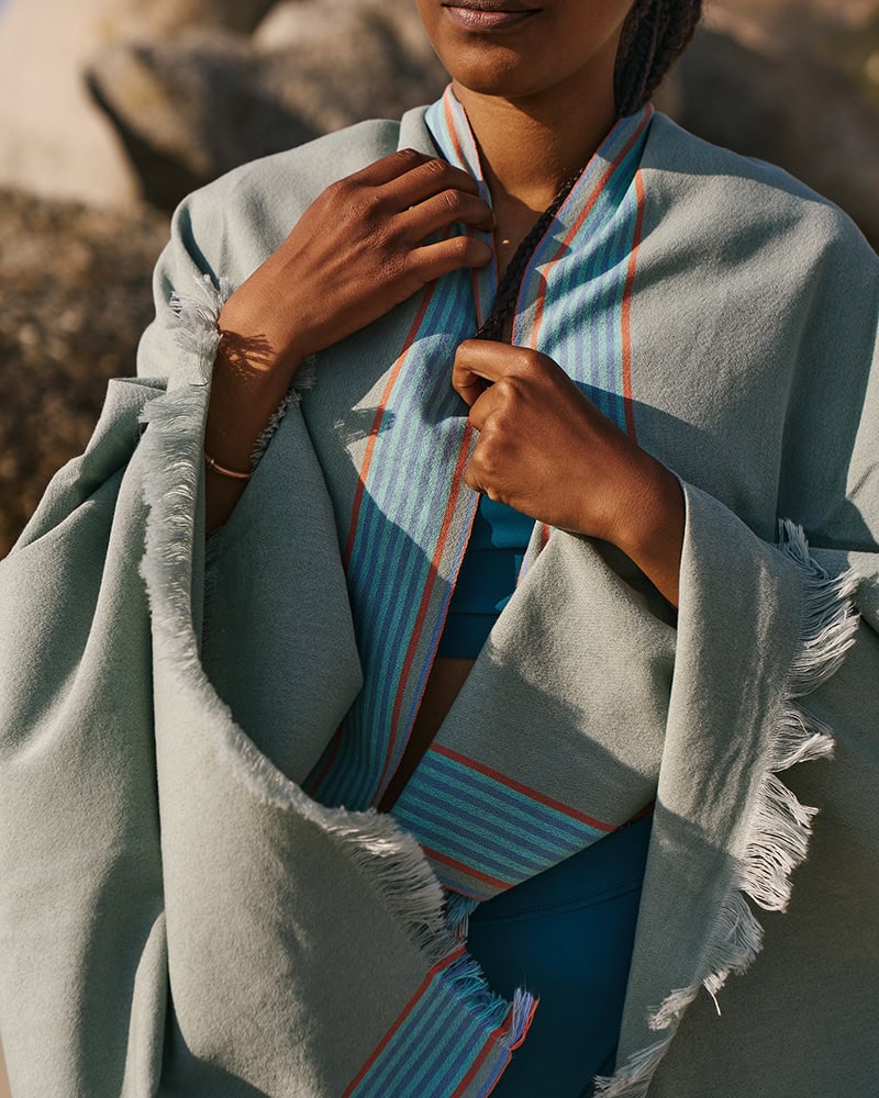 Model wearing the Mungo Ruti Kikoi in Sage