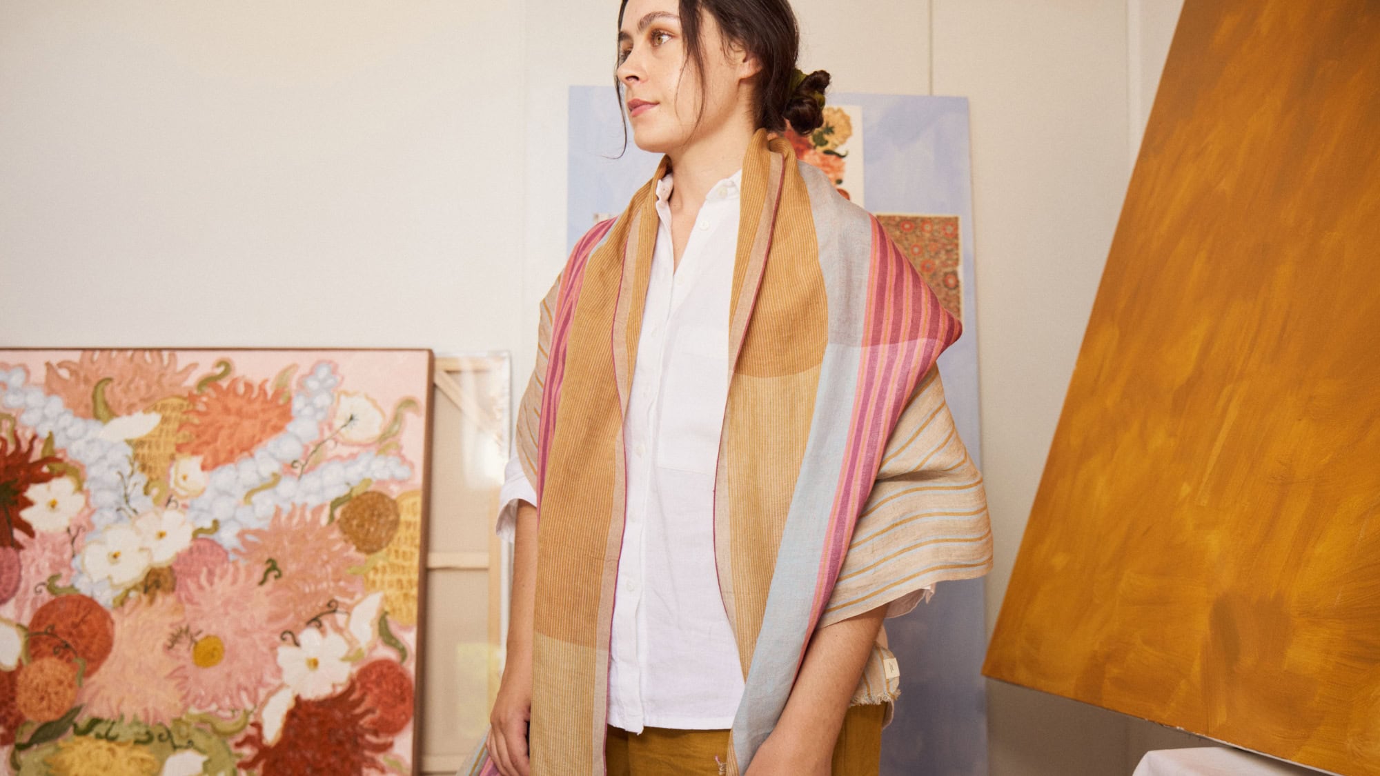 With Artist, Lene Ehlers, wearing the Mungo Macaron Scarf